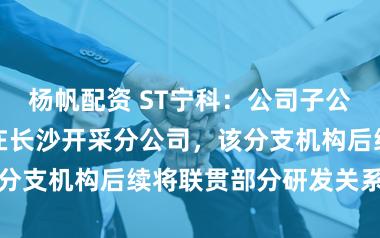 杨帆配资 ST宁科：公司子公司中科新材已在长沙开采分公司，该分支机构后续将联贯部分研发关系职责